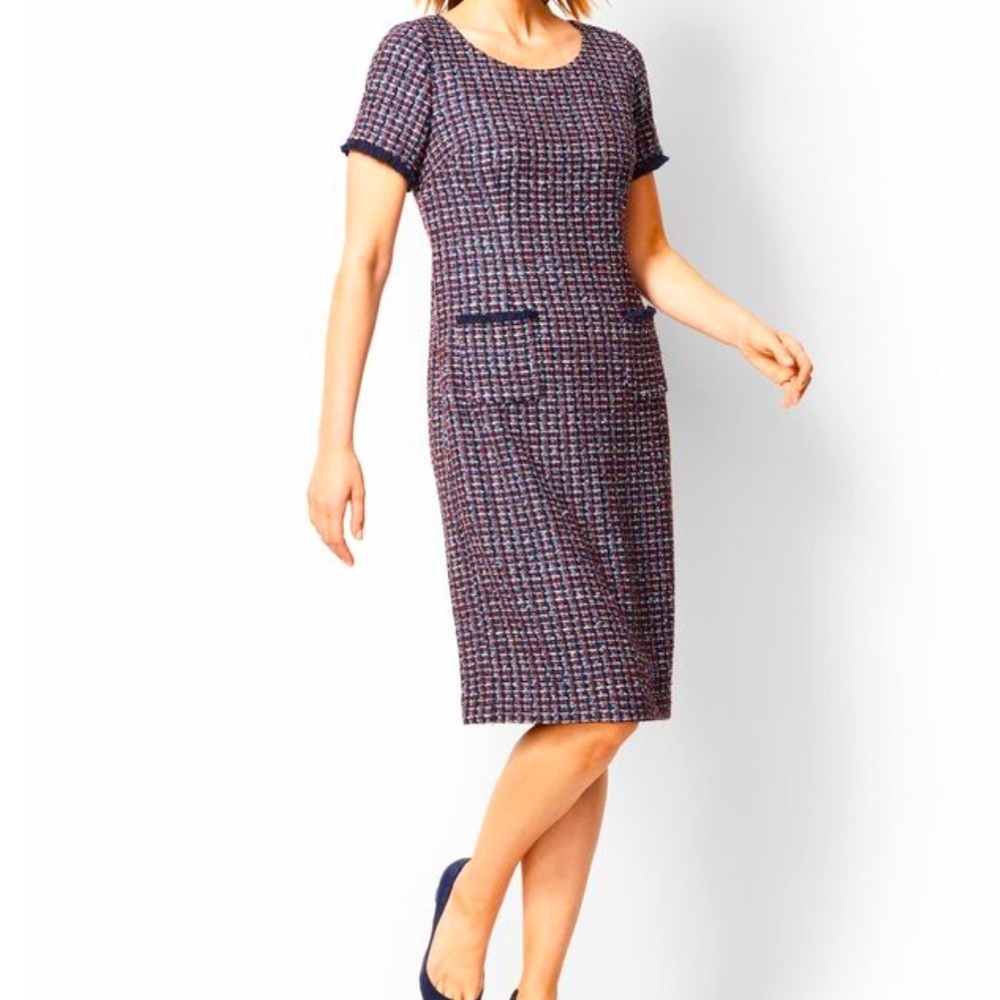 Talbots Tweed Fringe Short Sleeve Blue And Pink Dress with Pockets 4 Petite